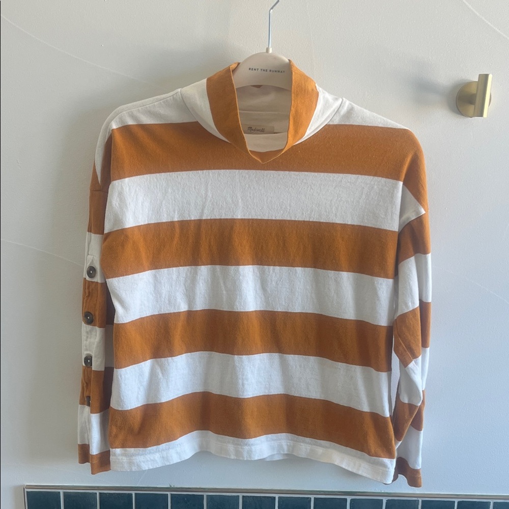Madewell White and Rust-Orange Striped Long Sleeve Top